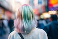 Back view of young woman with pastel colored hair in street. Generative AI