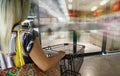 Back view of young woman  ready to go the Supermarket aisle with empty  shopping cart Royalty Free Stock Photo