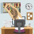Back view of young woman sitting and stretching on workplace in office or at home