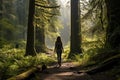 Back View of Young Woman Standing On Path In Forest between the woods Royalty Free Stock Photo