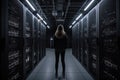 Back view of a young woman standing in the server room with rows of server racks, A woman server engineer full rear view with a