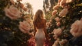 Back view of young woman walking in rose garden. Generative AI. Royalty Free Stock Photo