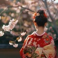 back view of a young woman wearing japanese traditional kimono Royalty Free Stock Photo