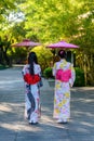 Back view of a young woman wearing a Japanese Yukata and holding a paper umbrella