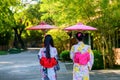 Back view of a young woman wearing a Japanese Yukata and holding a paper umbrella