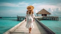 Back view of young woman in white dress and straw hat walking on wooden pier at Maldives. Generative AI Royalty Free Stock Photo