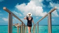 Back view of young woman on a wooden pier on a amazing background of blue sea and sky. Royalty Free Stock Photo