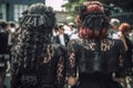 Back view of young women in Gothic Lolita fashion style. Royalty Free Stock Photo