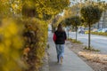 Back view of a younger female walking on a path in the city, surrounded by trees and other foliage. Stroll in the park, commute to Royalty Free Stock Photo