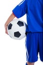 Back view of youth soccer player in blue uniform Royalty Free Stock Photo