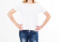 Back views of girl,woman in t shirt on white background. Mock up for design. Template. Blank Royalty Free Stock Photo