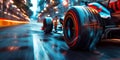 back wheel of black formula one racing car fast driving on race track close up. Motion blur Royalty Free Stock Photo