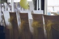 The back of white chairs with yellow bows at a wedding venue Royalty Free Stock Photo