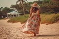 woman sea fashion summer beautiful dress travel hippie beach person lifestyle. Generative AI. Royalty Free Stock Photo
