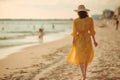 beautiful woman beach sea slim fashion dress person hippie summer lifestyle. Generative AI.