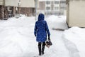 Back of woman in dawn jacket walking through city street during heavy snowfall and blizzard in winter. Bad weather forecast. Royalty Free Stock Photo