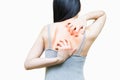 Back of woman in gray undershirt scratch the skin on the area of Itching, Health-care concept on white background