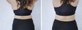 Back woman overweight centimeter fatness before and after