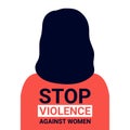 Back of woman with text Stop violence against women, free rights. Elimination of violence against women. Victim