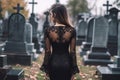 Back of woman wear all in black on cemetery. Grieving widow. Generative AI Royalty Free Stock Photo