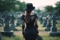 Back of woman wear all in black and hat on cemetery. Grieving widow. Generative AI