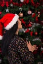 Back of woman wishing at Christmas tree