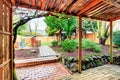 Back yard covered walkout deck. Patio area and landscaping desing. Royalty Free Stock Photo