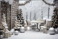 Back yard of house, decorated Christmas trees and standing outdoor furniture covered in snow. Snowy winter day, cold Royalty Free Stock Photo