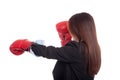 Back of young Asian businesswoman with boxing glove Royalty Free Stock Photo