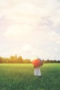 Back Of Young Beautiful woman holding multicolored umbrella in g Royalty Free Stock Photo