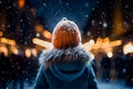 The back of young girl standing in snowing night look at festival light, generative AI