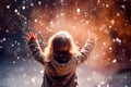 The back of young kid look up and raise hand to the light in snowing night, generative AI