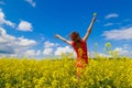 The back of a young woman in a red dress with her arms thrown up to the sky in a yellow rapeseed field Royalty Free Stock Photo