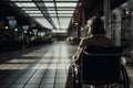Back of young woman sitting in wheelchair at airport. Generative AI