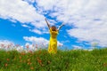 The back of a young woman in a yellow dress with her hands raised to the sky in a poppy field Royalty Free Stock Photo