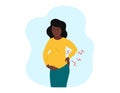 Backache during pregnancy. Pregnant sad african american person woman suffering from lower back pain. Vector concept illustration