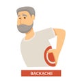 Backache symptom concept with old person touching his back in pain