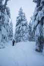 Backcountry hiker pushing through the fog on a snowy slope. Ski touring in harsh winter conditions. Ski tourer sporting