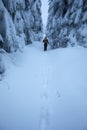 Backcountry skier pushing through the fog on a snowy slope. Ski touring in harsh winter conditions. Ski tourer sporting