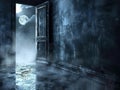 Backdoor exit, party exceeds limits, escape unnoticed, sticky floors proof of revelry, moonlit ambiance Royalty Free Stock Photo