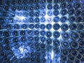 glass bottles with indirect light in blue color, view from below, background and texture