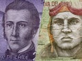 approach to chilean banknote of 2000 pesos and peruvian banknote of ten soles