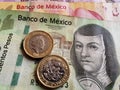 mexican banknotes and coins of one sterling pound, background and texture