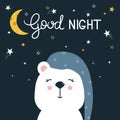 Backdrop with happy bear, moon, stars and text. Good night