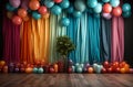 backdrop. Colored balloons in the backdrop of the curtain. 3d rendering. ia generative