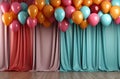 backdrop. Colored balloons in the backdrop of the curtain. 3d rendering. ia generative