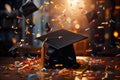 The backdrop of confetti adds festivity to a graduation cap and books