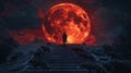 backdrop dramatic red moon man stands poised stone steps ready transform werewolf while pack wolves watches intently Royalty Free Stock Photo