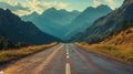 In the backdrop of a fiery evening sky, a desolate, straight asphalt road creates a captivating stock image Royalty Free Stock Photo