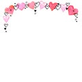 Backdrop, frame with space and border of watercolor hearts on upper edge. For invitation, ending, Valentine`s day, greeting card,